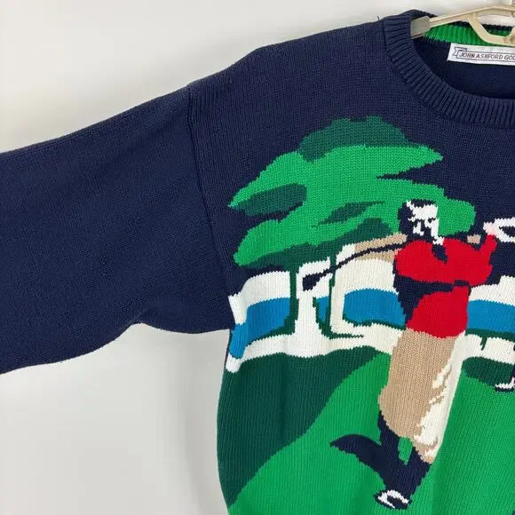Vintage John Ashford Golf Golfer Scene Sweater Large Cotton preppy